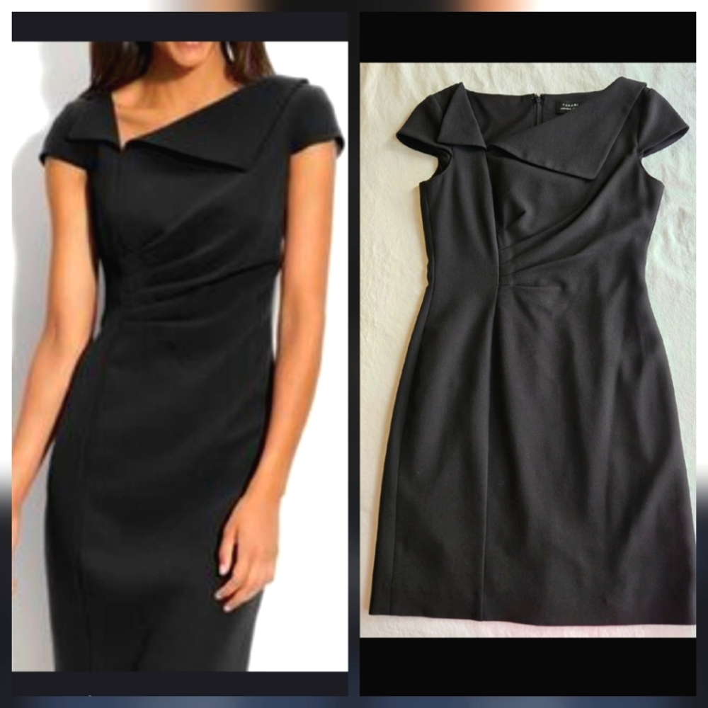 Tahari Arthur S. Levine Pleated Front & Collar Black Midi Dress sz 2